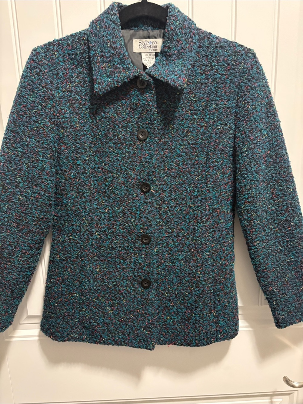 Style & Co Petite 2P Teal Boucle Textured Jacket Multicolor Fleck
